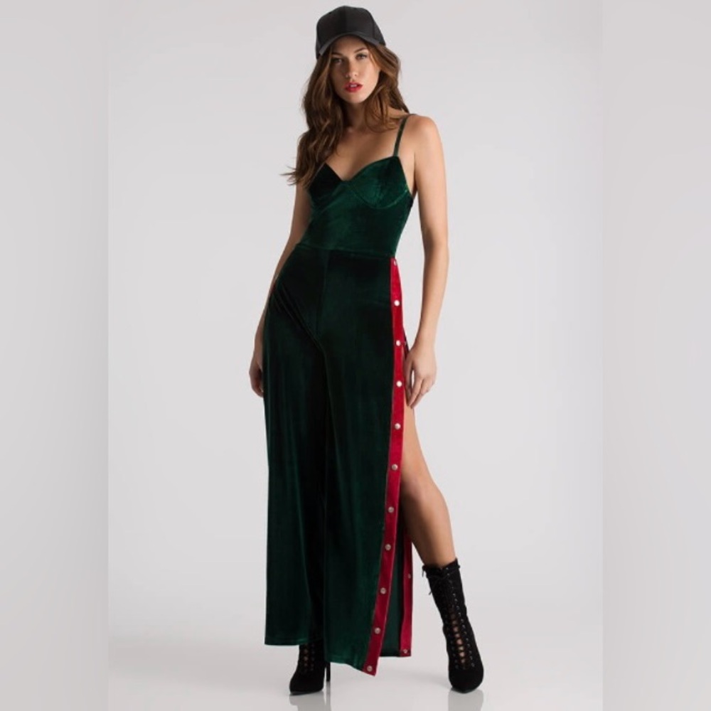 Go Jane Green Velvet Jumpsuit